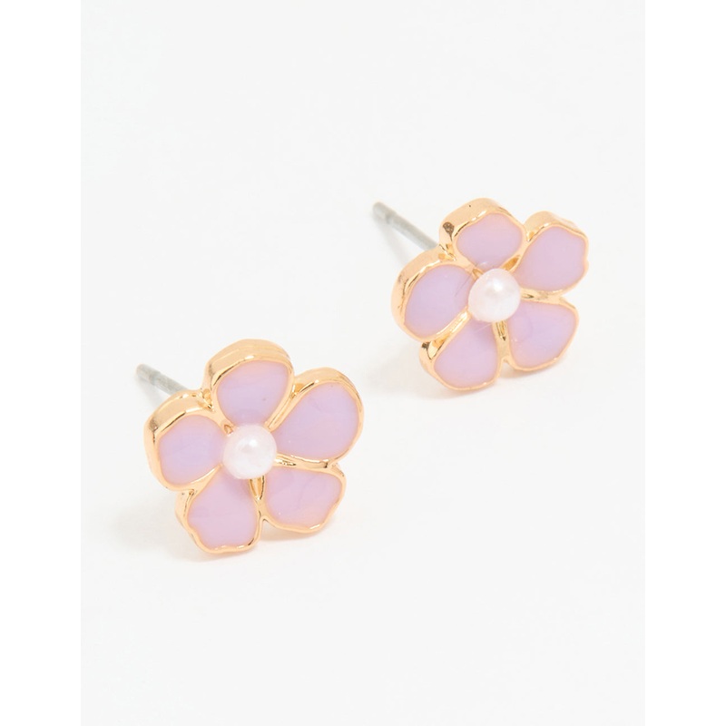 Gold Pink Pearl Center Flower Stud Earrings