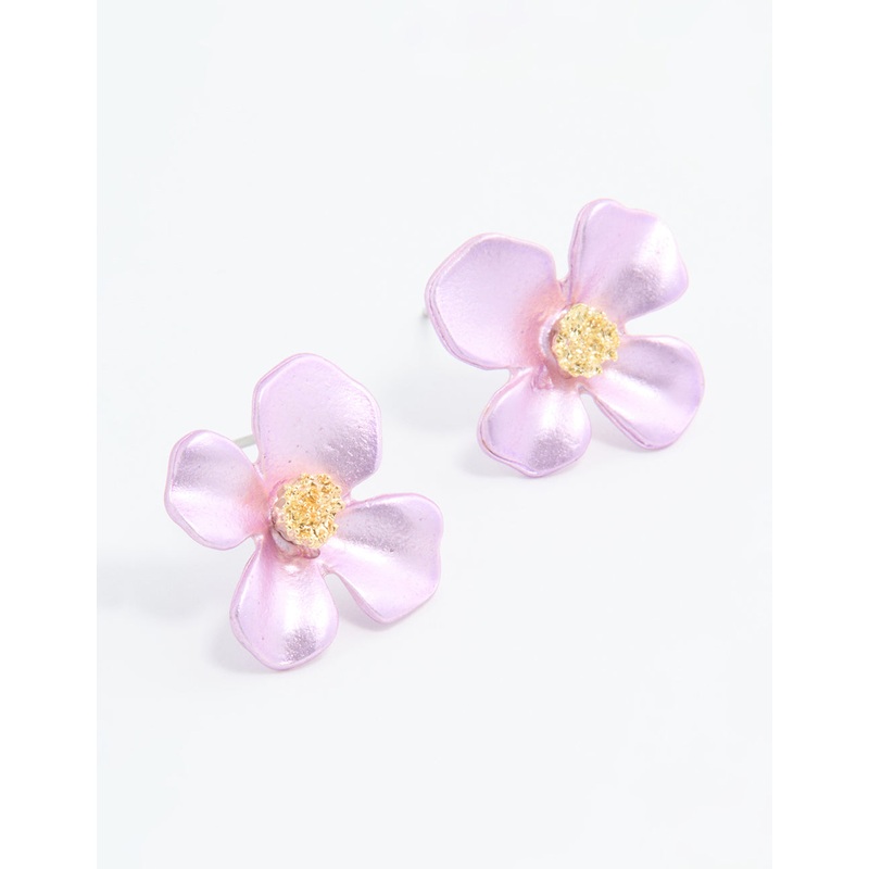 Gold Pink Pearlised Flower Stud Earrings