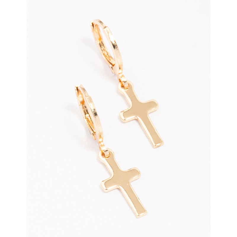 Gold Plain Cross Huggie Hoop Earrings