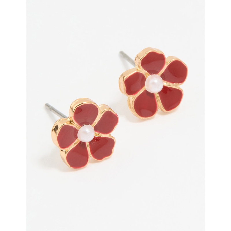 Gold Red Pearl Center Flower Stud Earrings