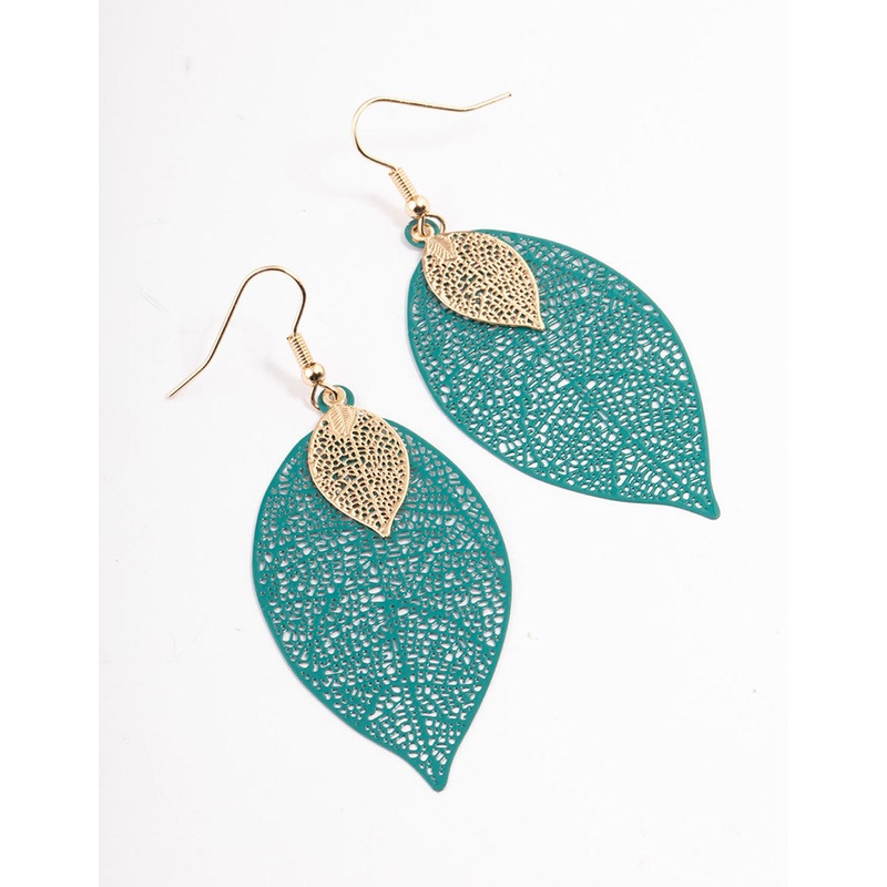 Green Double Leaf Drop Earrings