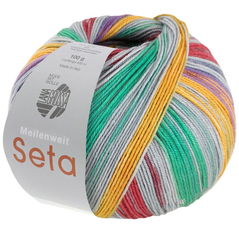 Lana Grossa Meilenweit 100 Seta Lampone Yarn – 3444 Grey/Raspberry/Turquoise/Yellow/Purple