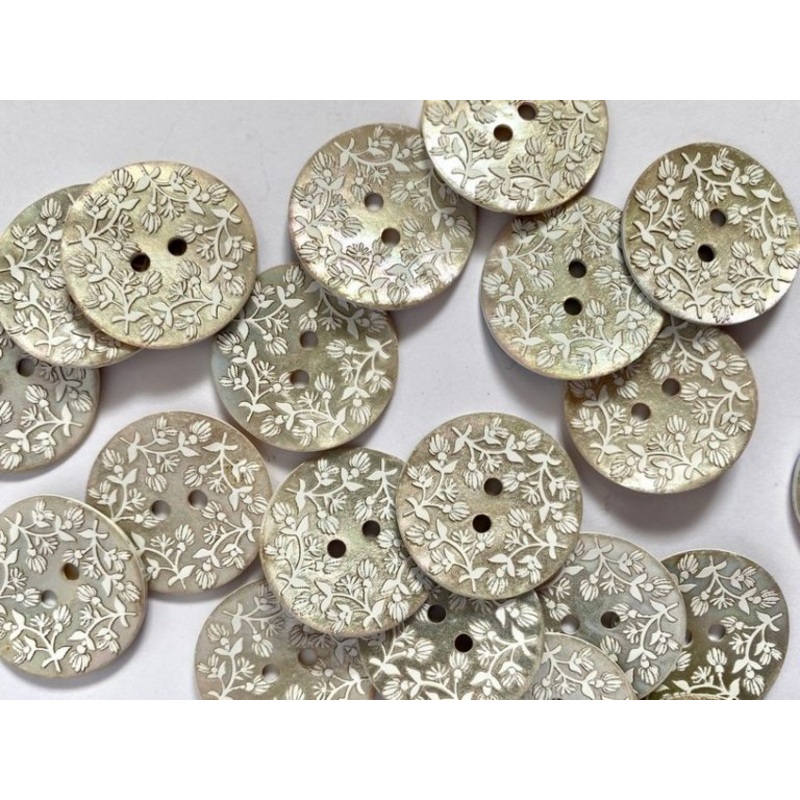 Natural Shell with Raised White Floral Design 14mm