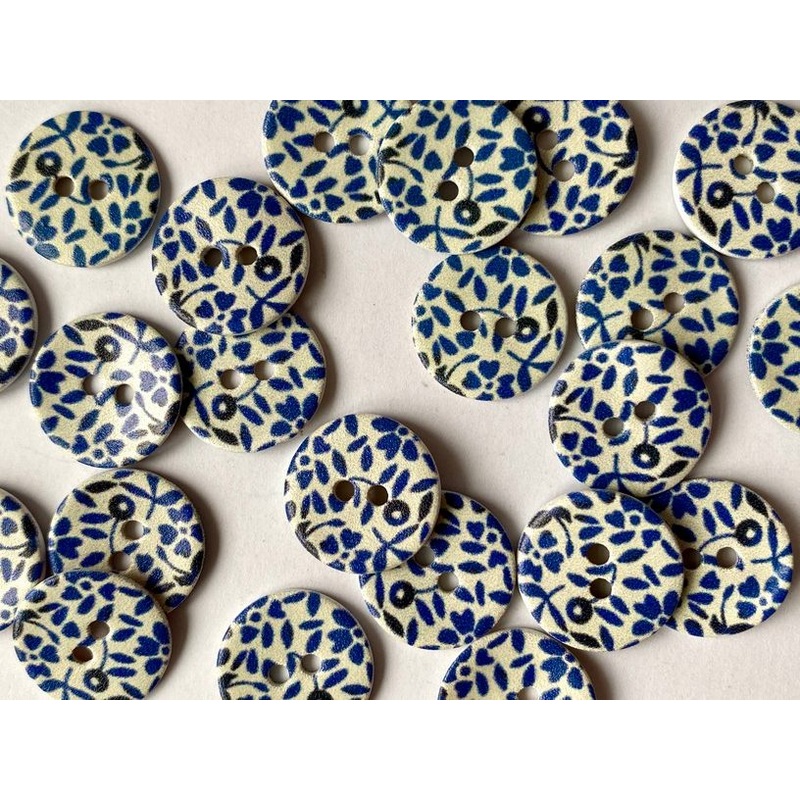 Opaque Off White Shell with Blue Floral Design 15mm