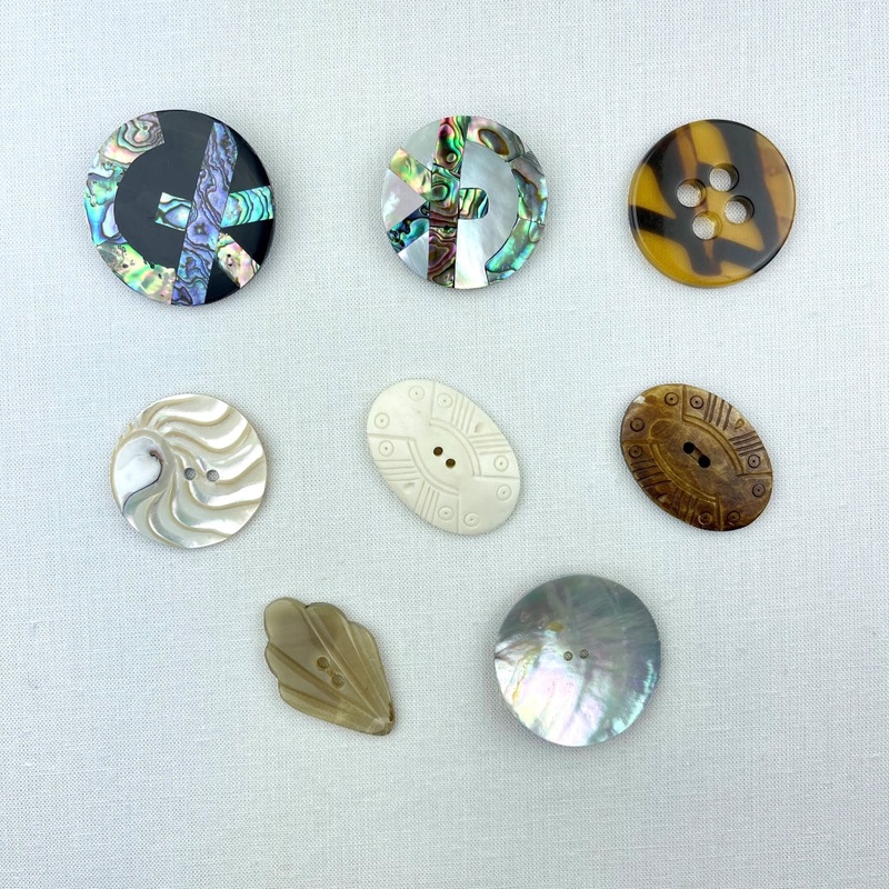 Buttons for The Krista Wrap|Inlaid Abalone Black|Inlaid Abalone White|Acrylic Plaid|Nautilus Shell|Carved Bone|Carved Bone Dyed|Feather Resin|Black Lip Shell